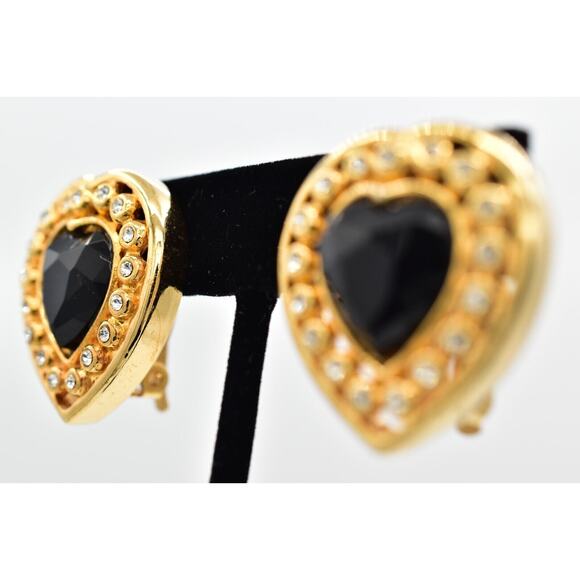 Vintage Crystal Heart Clip On Earrings Black Chunky Gold Heavy NOS 1980s A22 - Picture 3 of 16